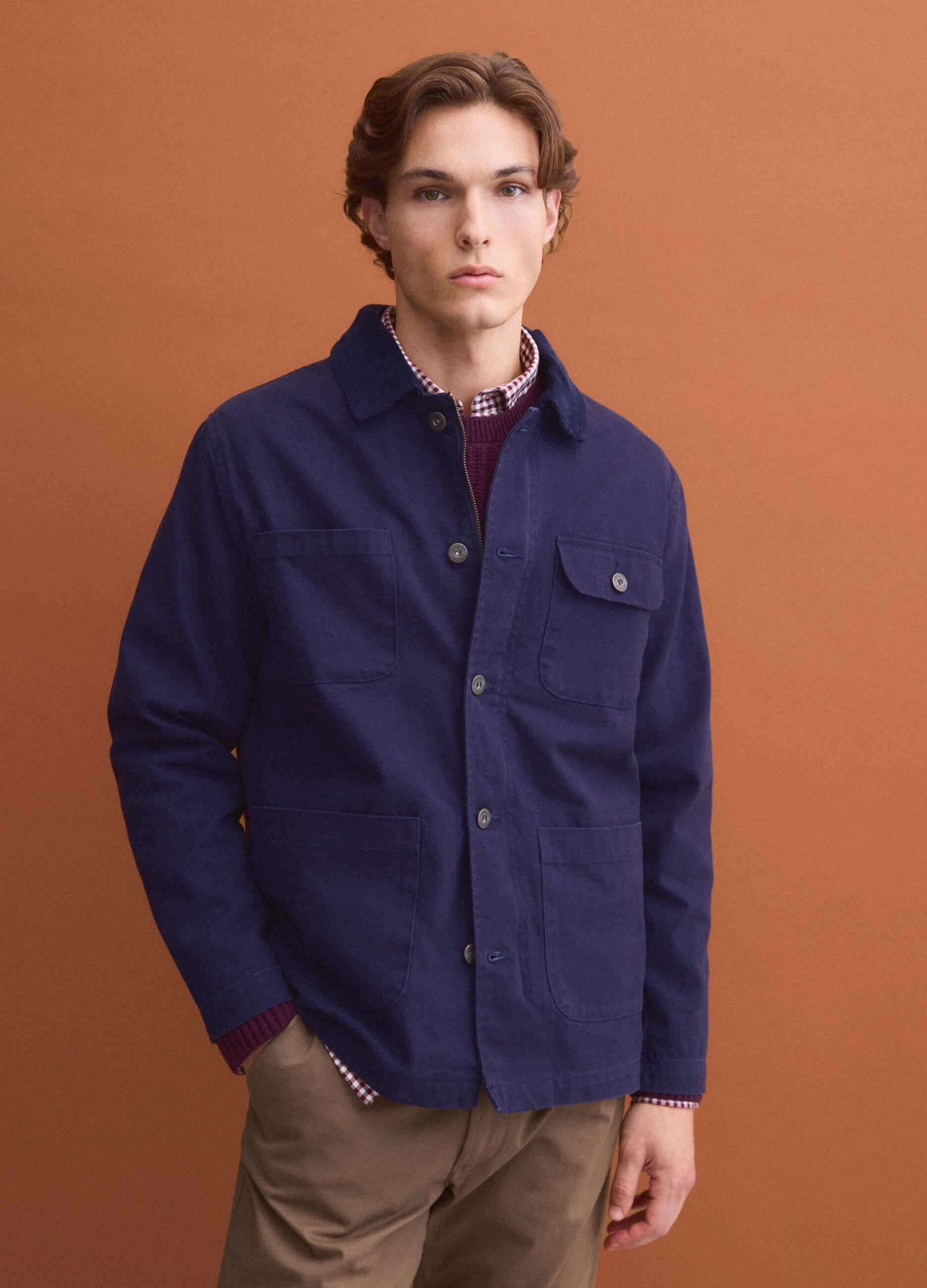 Blue pure cotton regular-fit shacket with zip