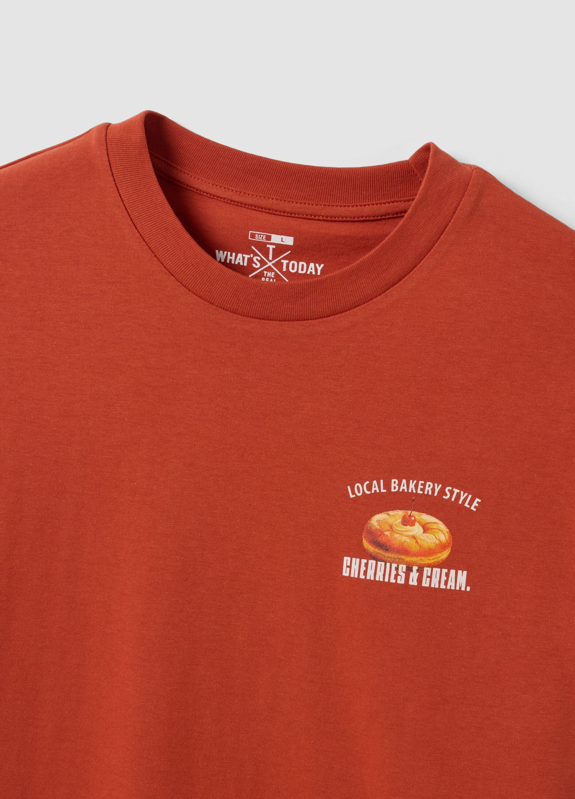 Red pure cotton jersey T-shirt with graphic print, regular fit
