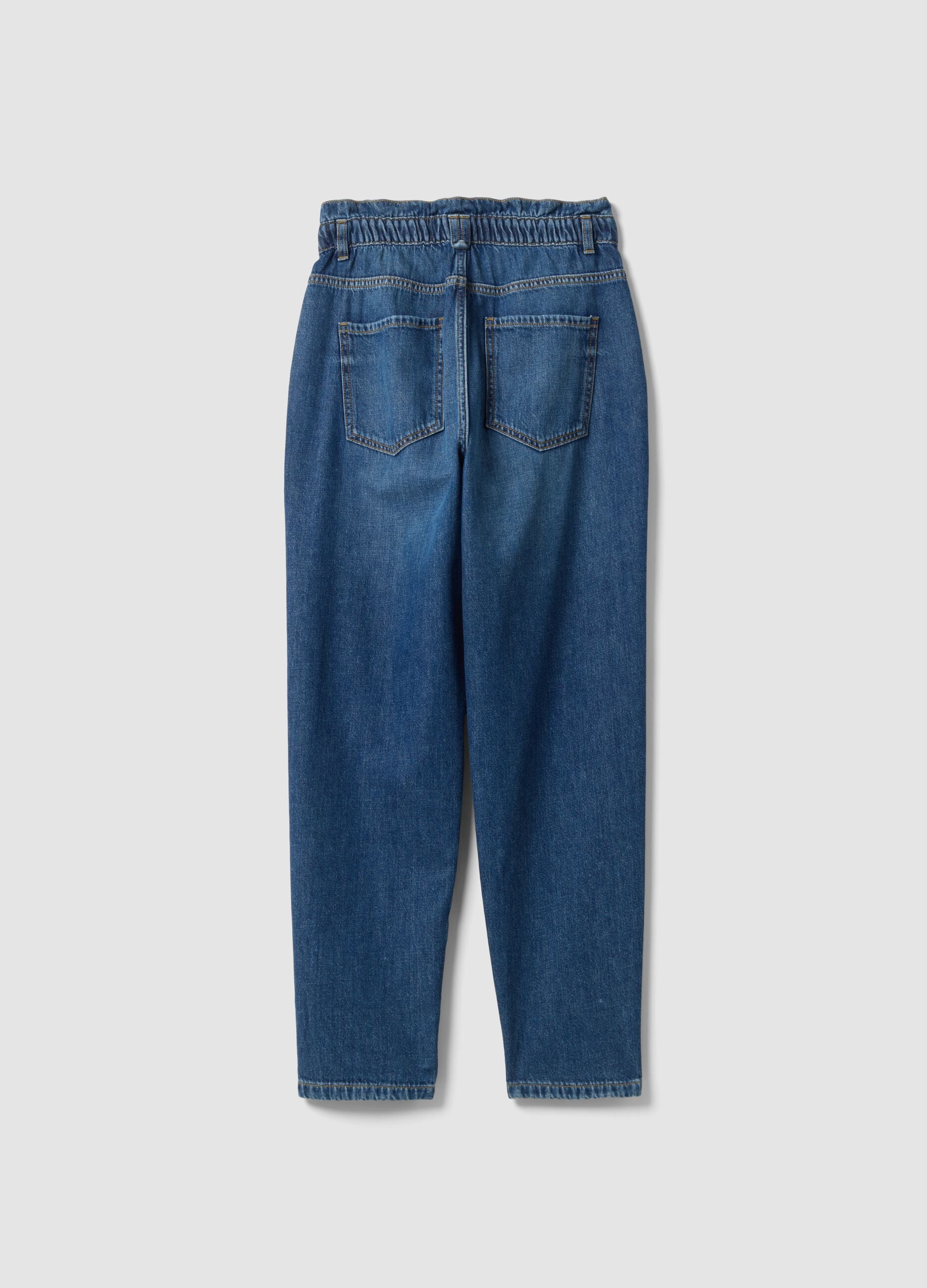 Jeans denim blu in puro cotone con vita paperbag baggy fit