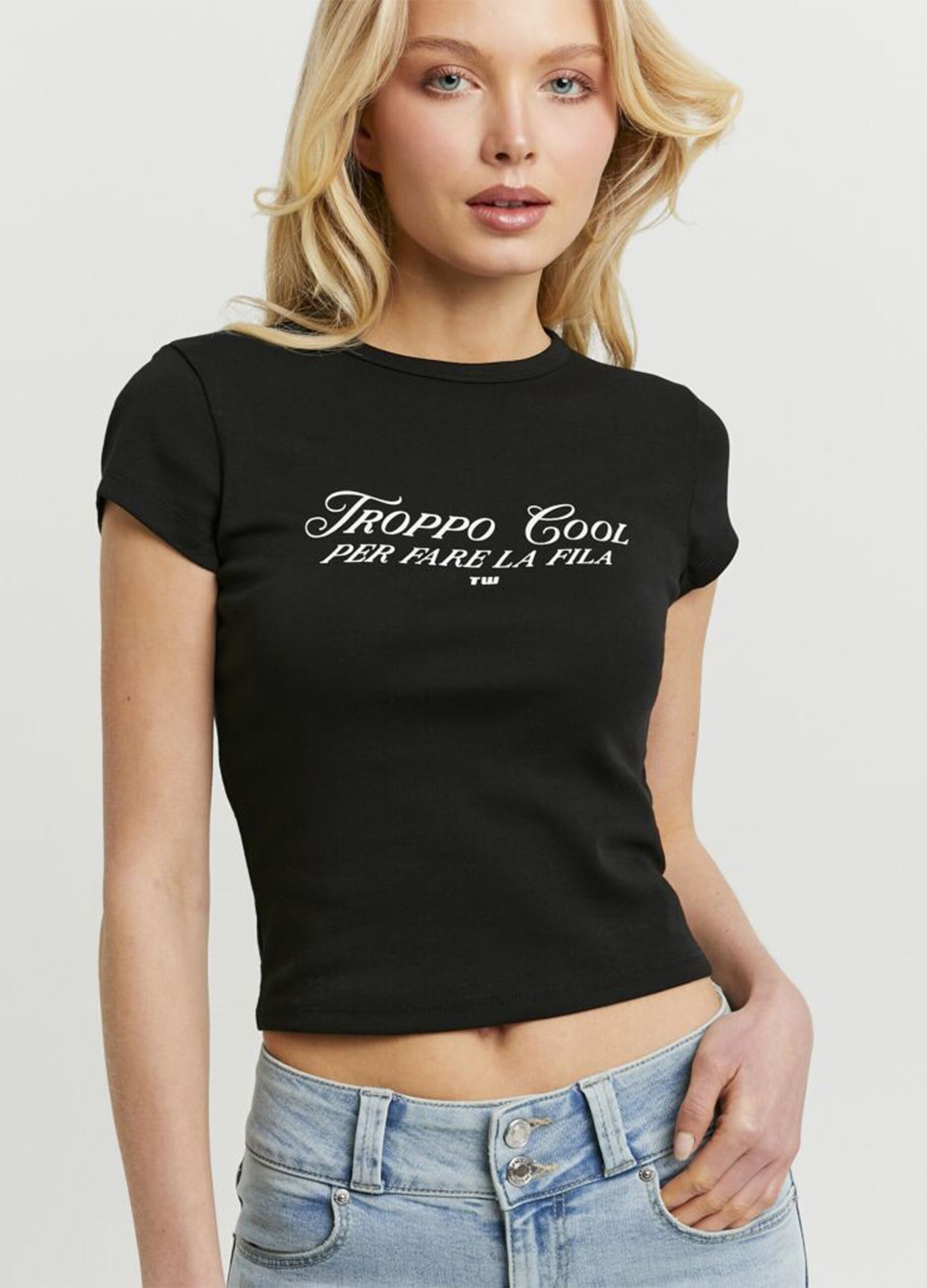Black stretch cotton short-sleeve slogan T-shirt