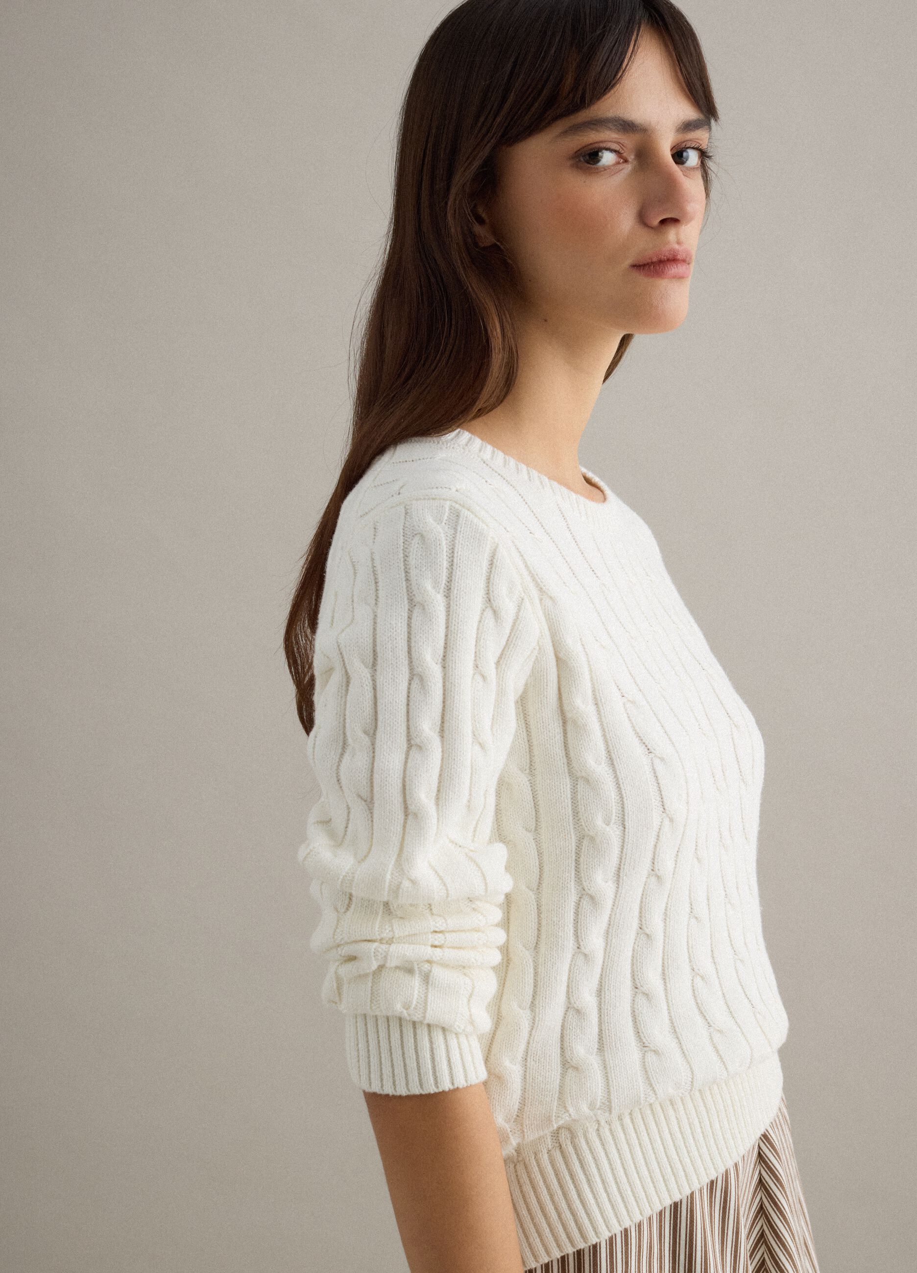 White pure cotton regular fit cable-knit sweater