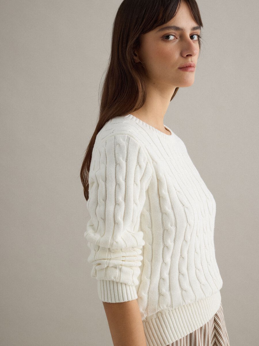 White pure cotton regular fit cable-knit sweater_0