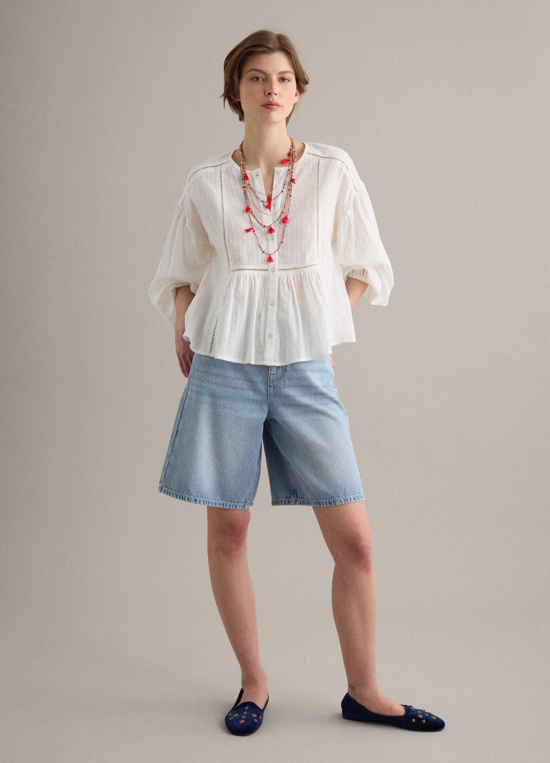 White pure cotton regular-fit shirt with broderie anglaise inserts
