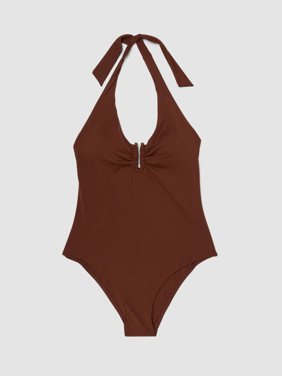 Brown stretch halterneck swimsuit_0