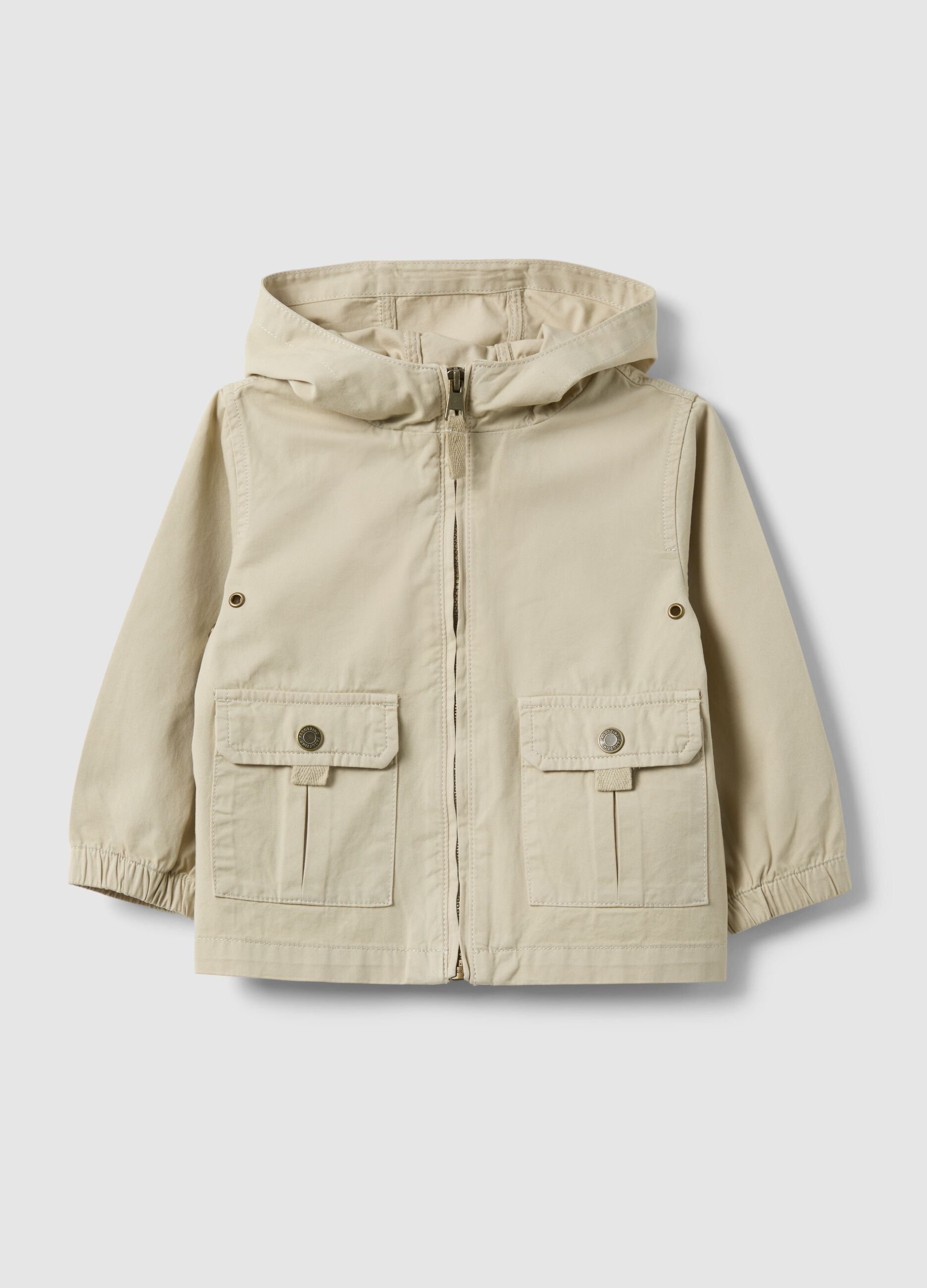 Beige pure cotton jacket for toddlers with hood and front pockets
