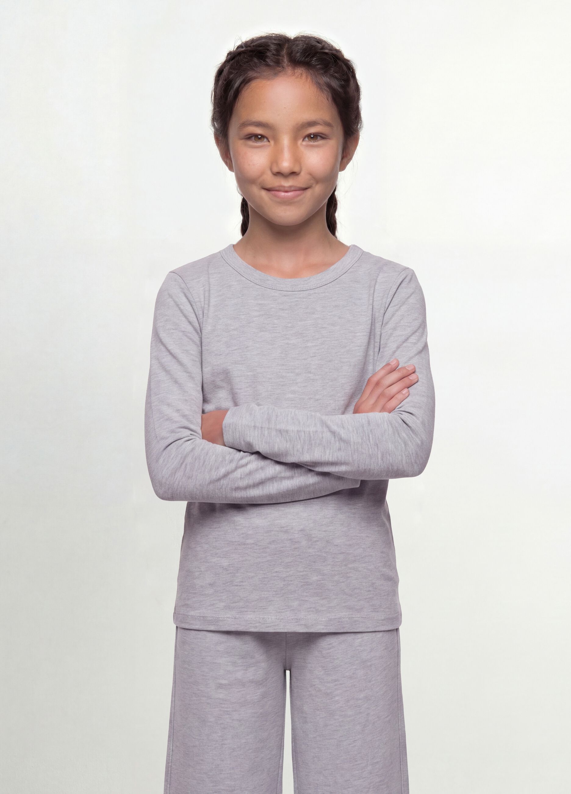 Graues T-Shirt aus Bio-Baumwolle und elastischer Viskose mit Rippkragen f&uuml;r M&auml;dchen