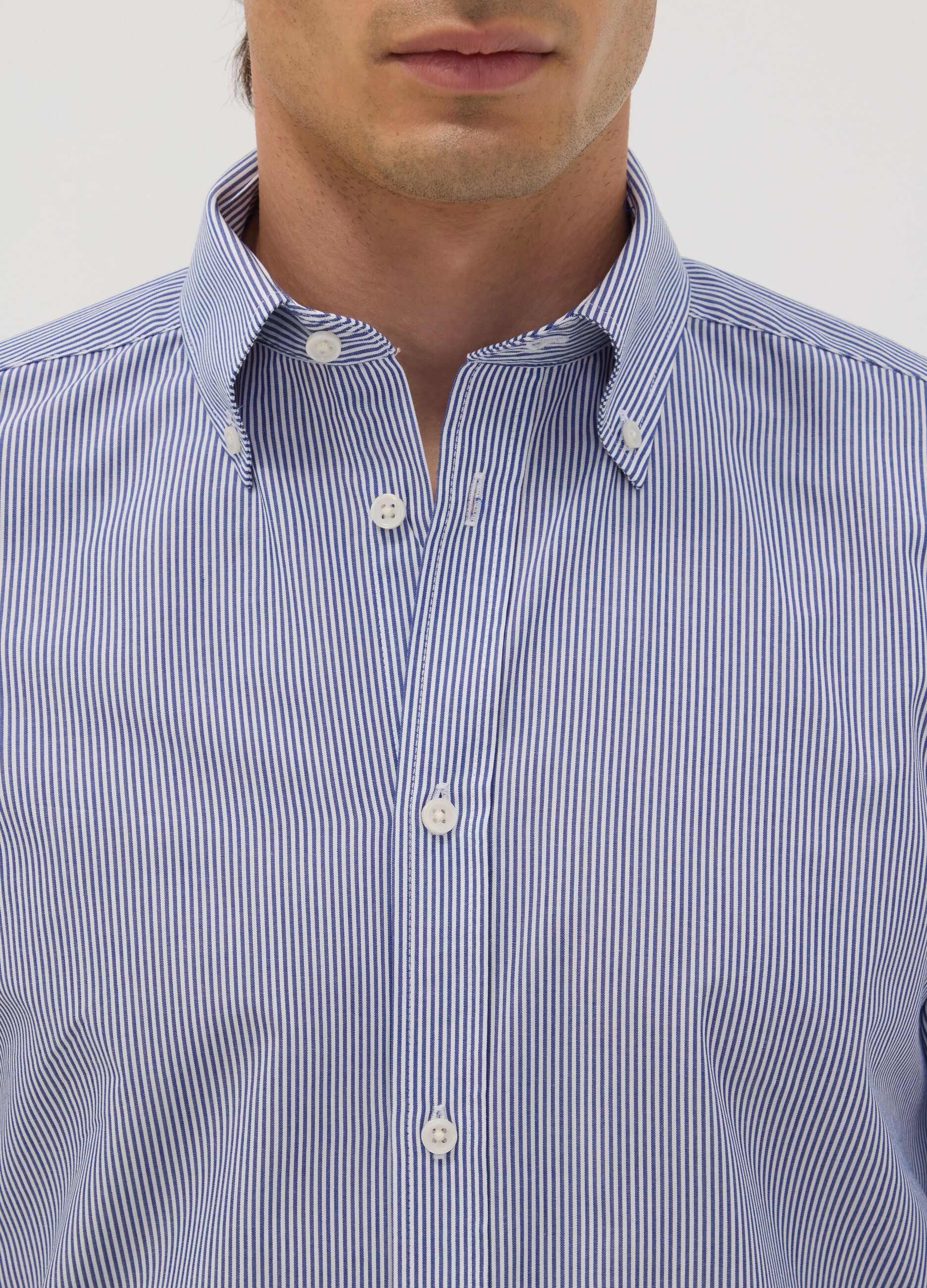 Blue striped cotton-blend button-down shirt, easy iron, slim fit