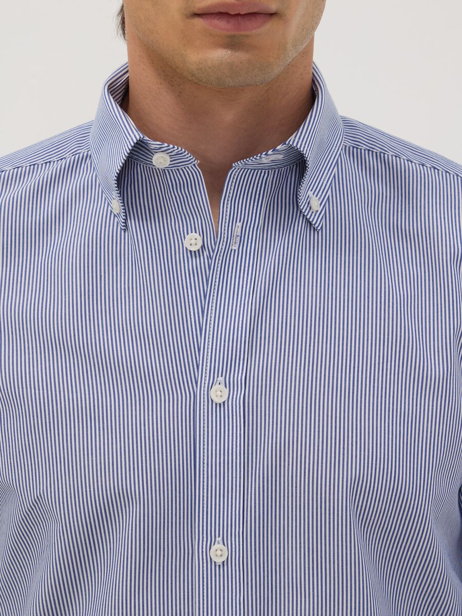 Blue striped cotton-blend button-down shirt, easy iron, slim fit_1