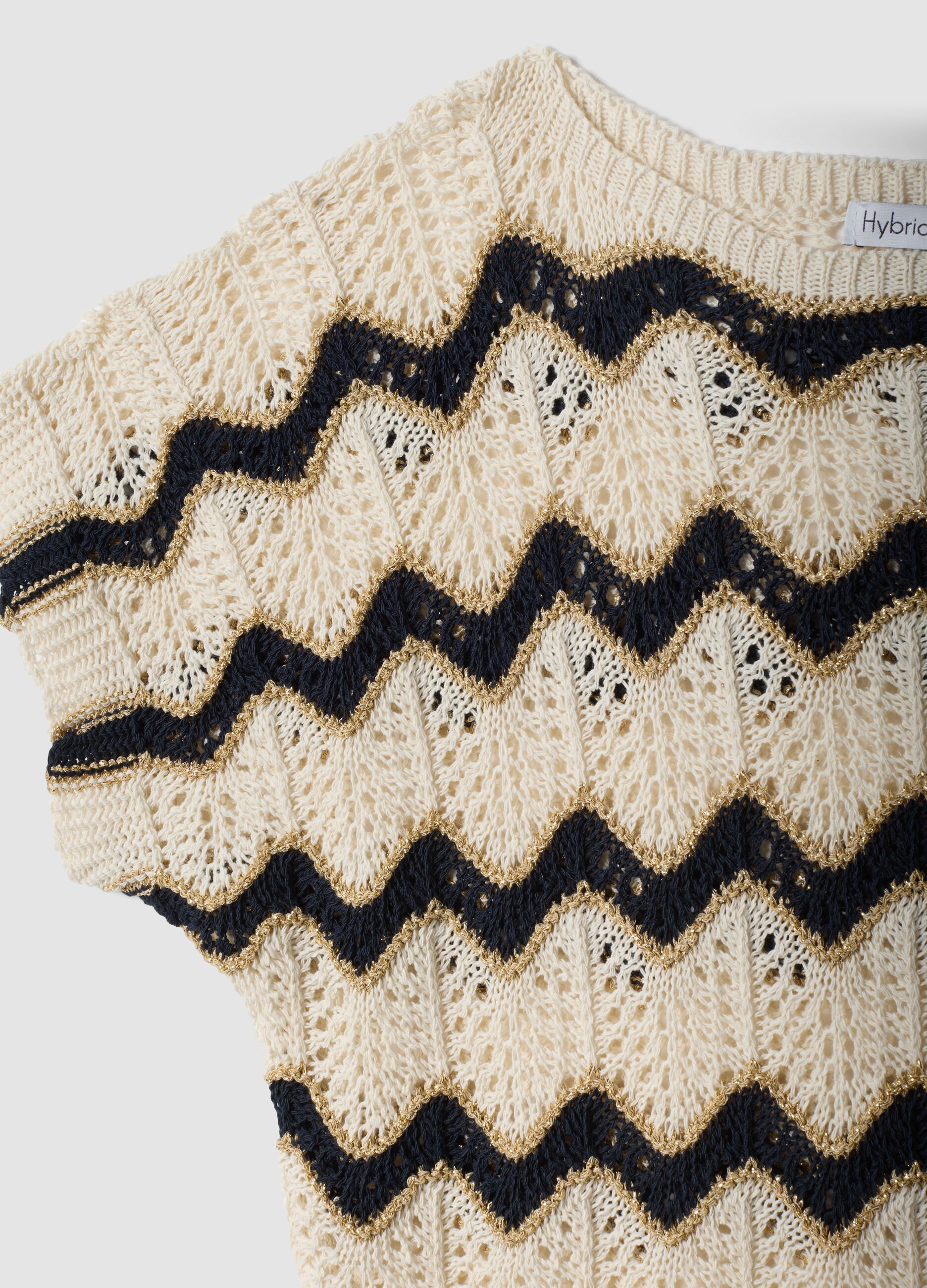 Beiges T-Shirt aus elastischer Baumwolle mit Lochstrickmuster