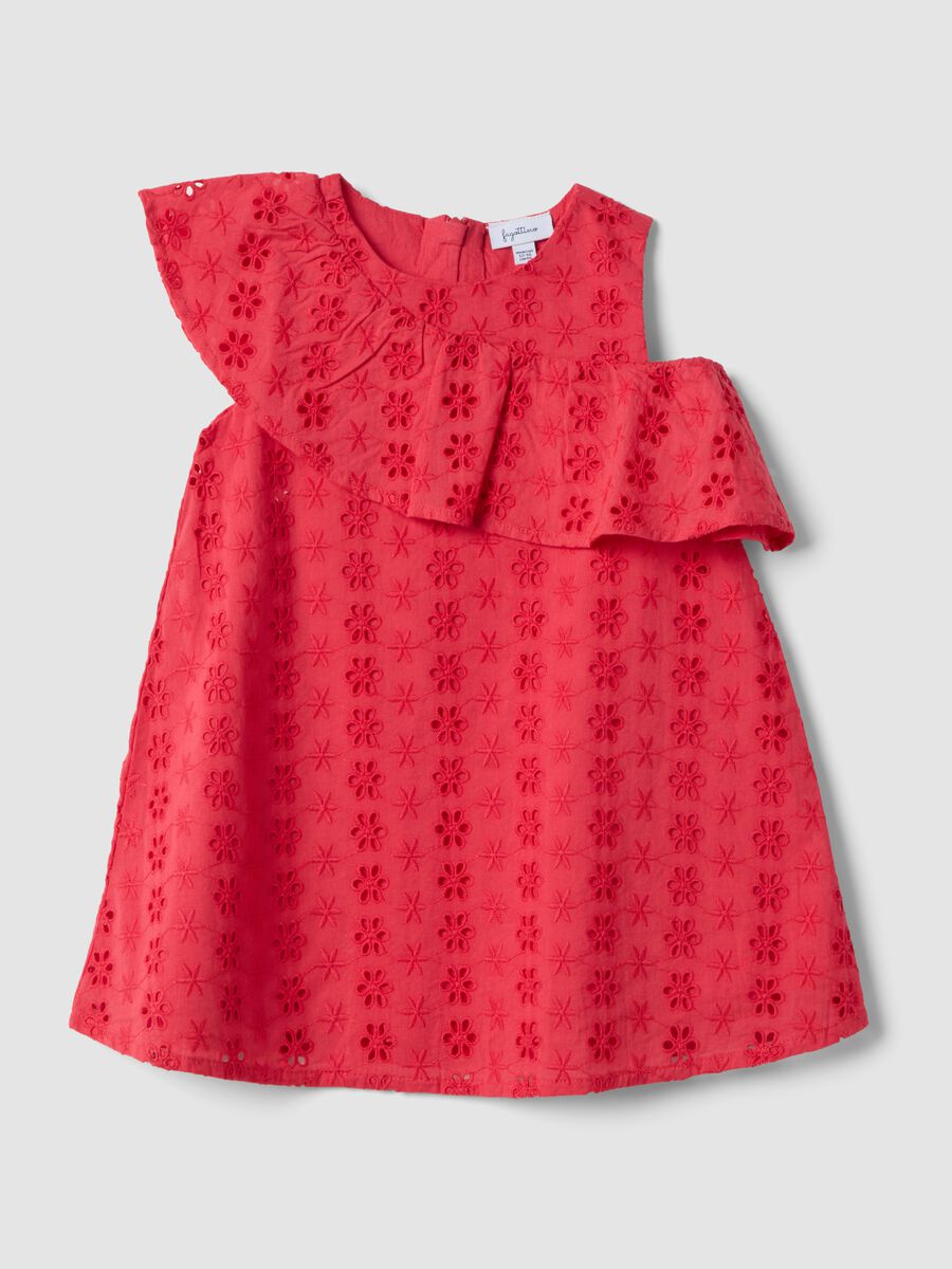 Girls' Relaxed Fit Red Cotton Dress with Embroidery_0
