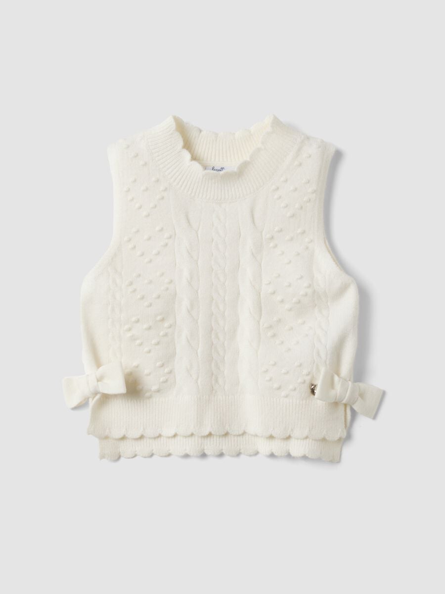 White crew-neck viscose-blend cable-knit gilet for baby girl_0