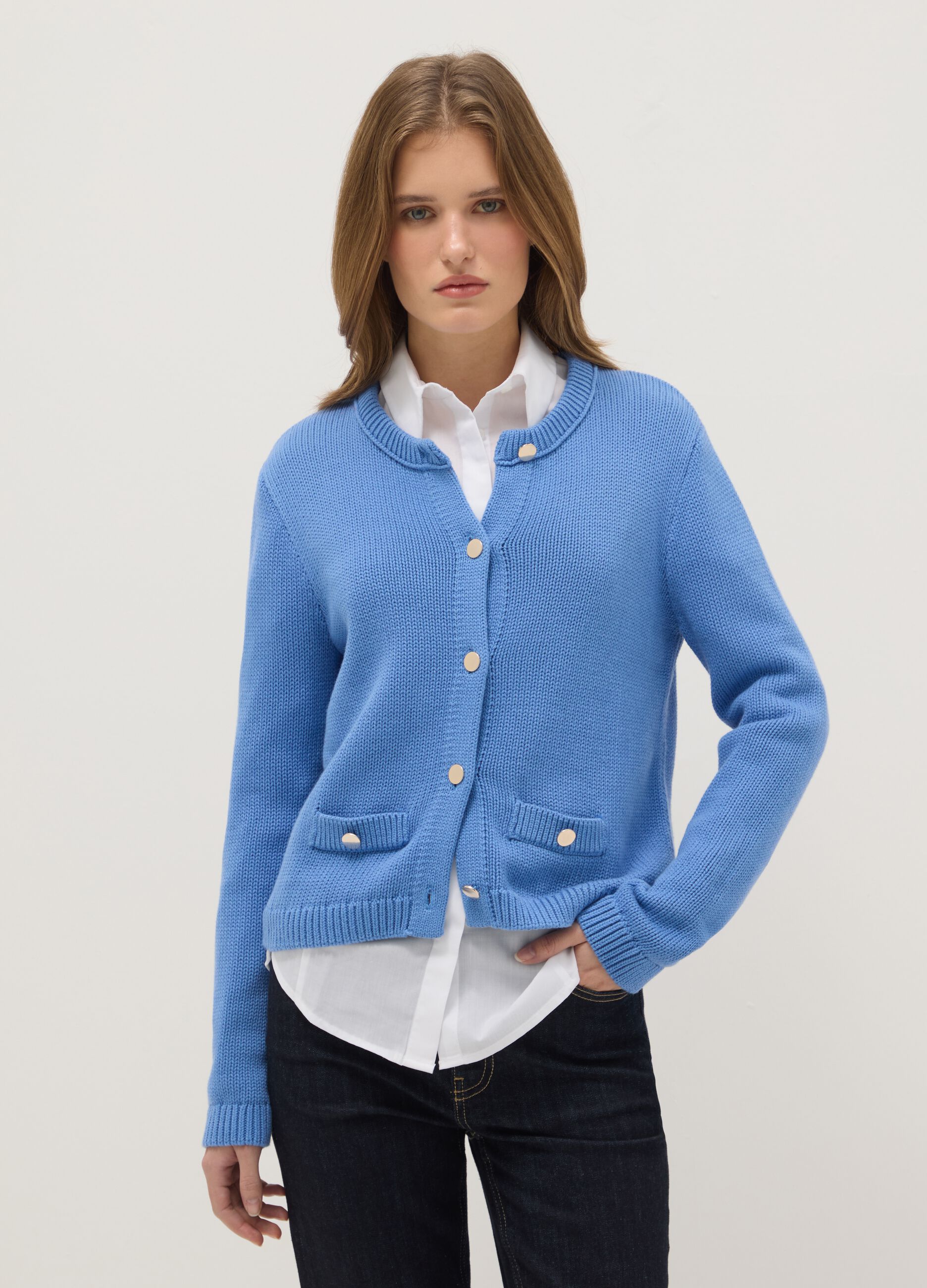 Regular fit blue cardigan in pure cotton with buttons