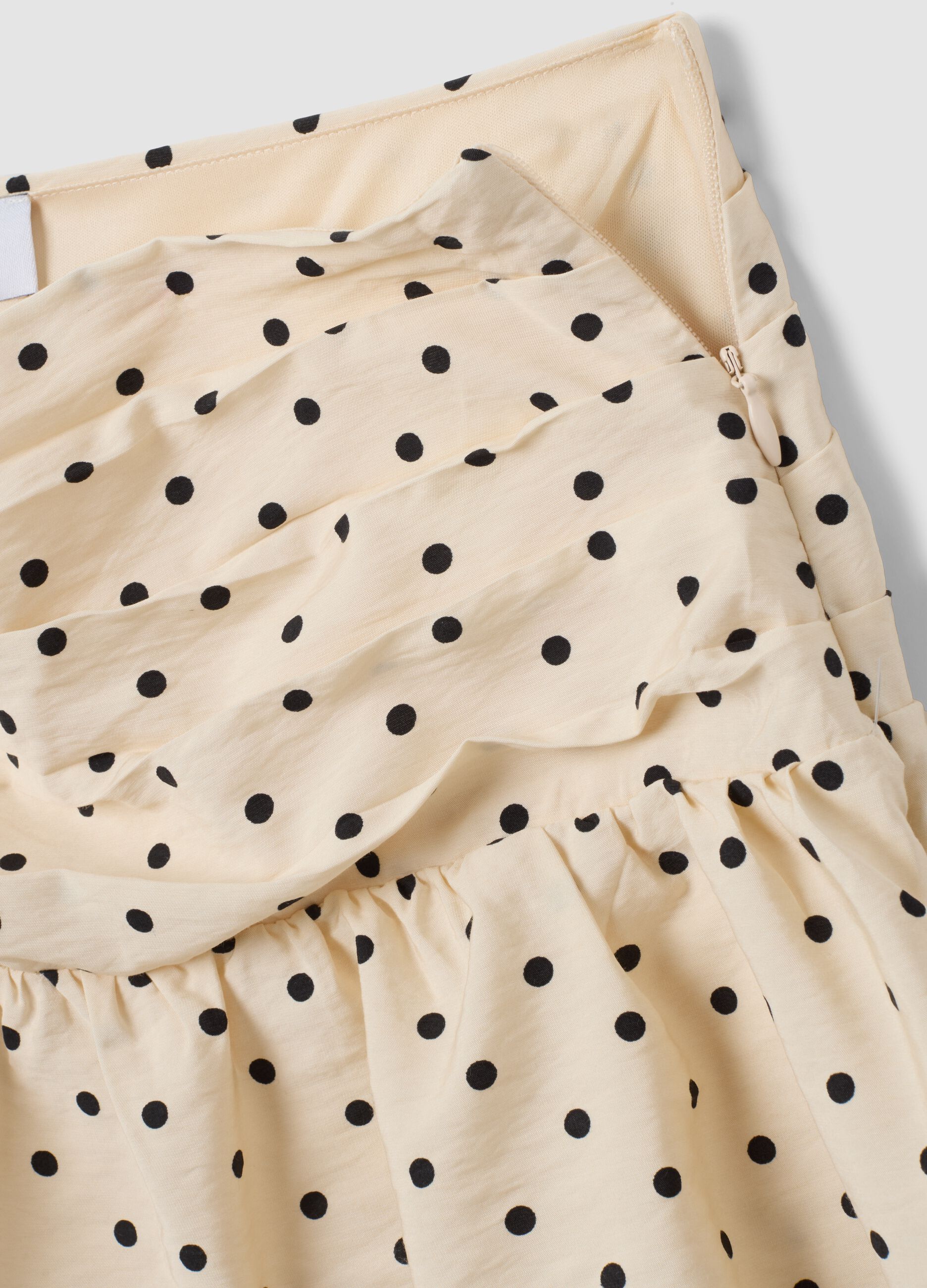 Beige viscose-blend polka dot skirt with tiered ruffles