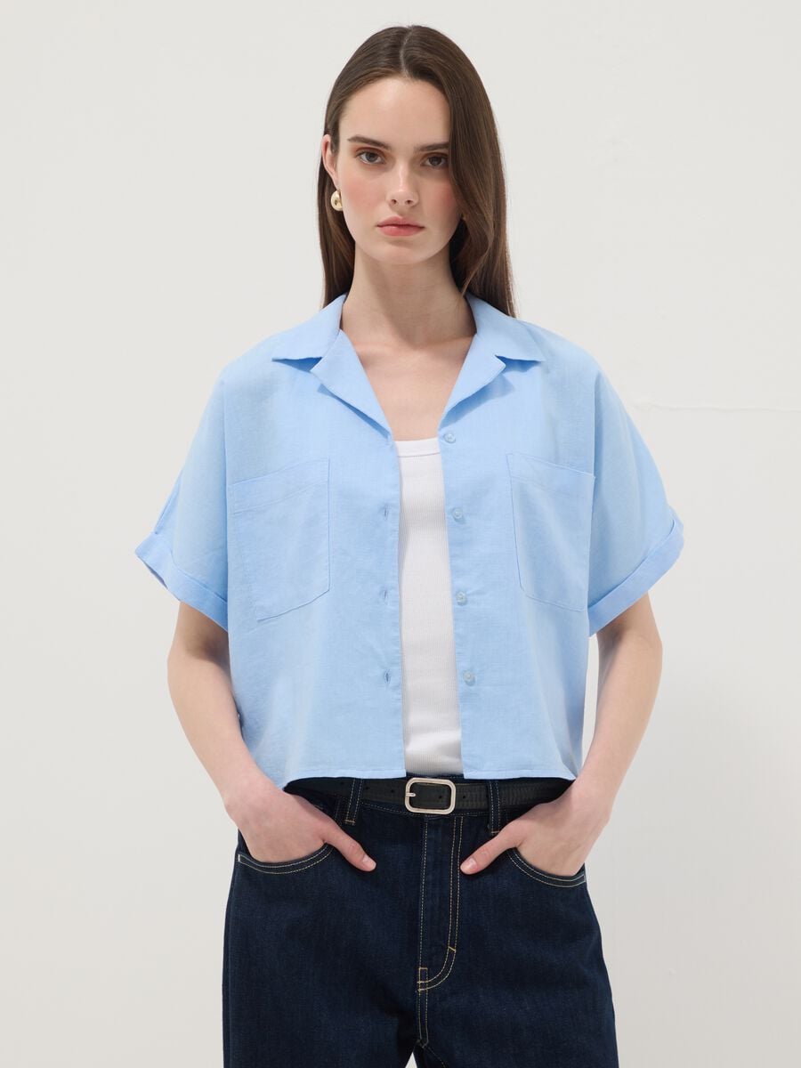 Light blue linen and viscose blend shirt, regular fit_0