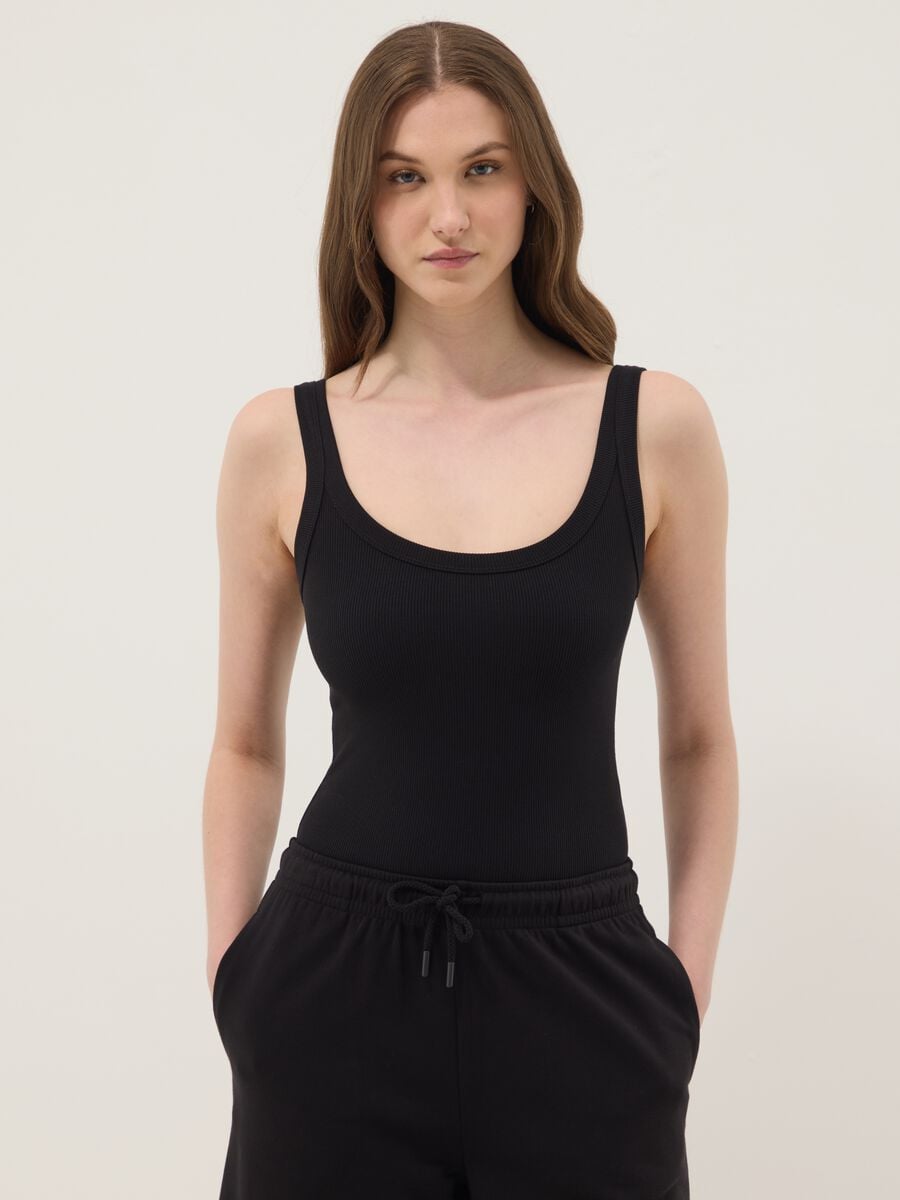 Black ribbed stretch-cotton bodysuit with wide neckline_2