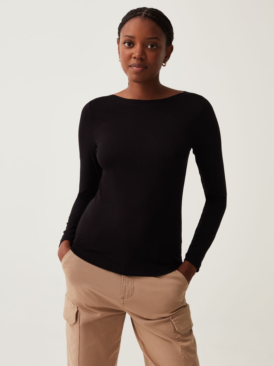 Long-sleeved T-shirt with boat neck_0