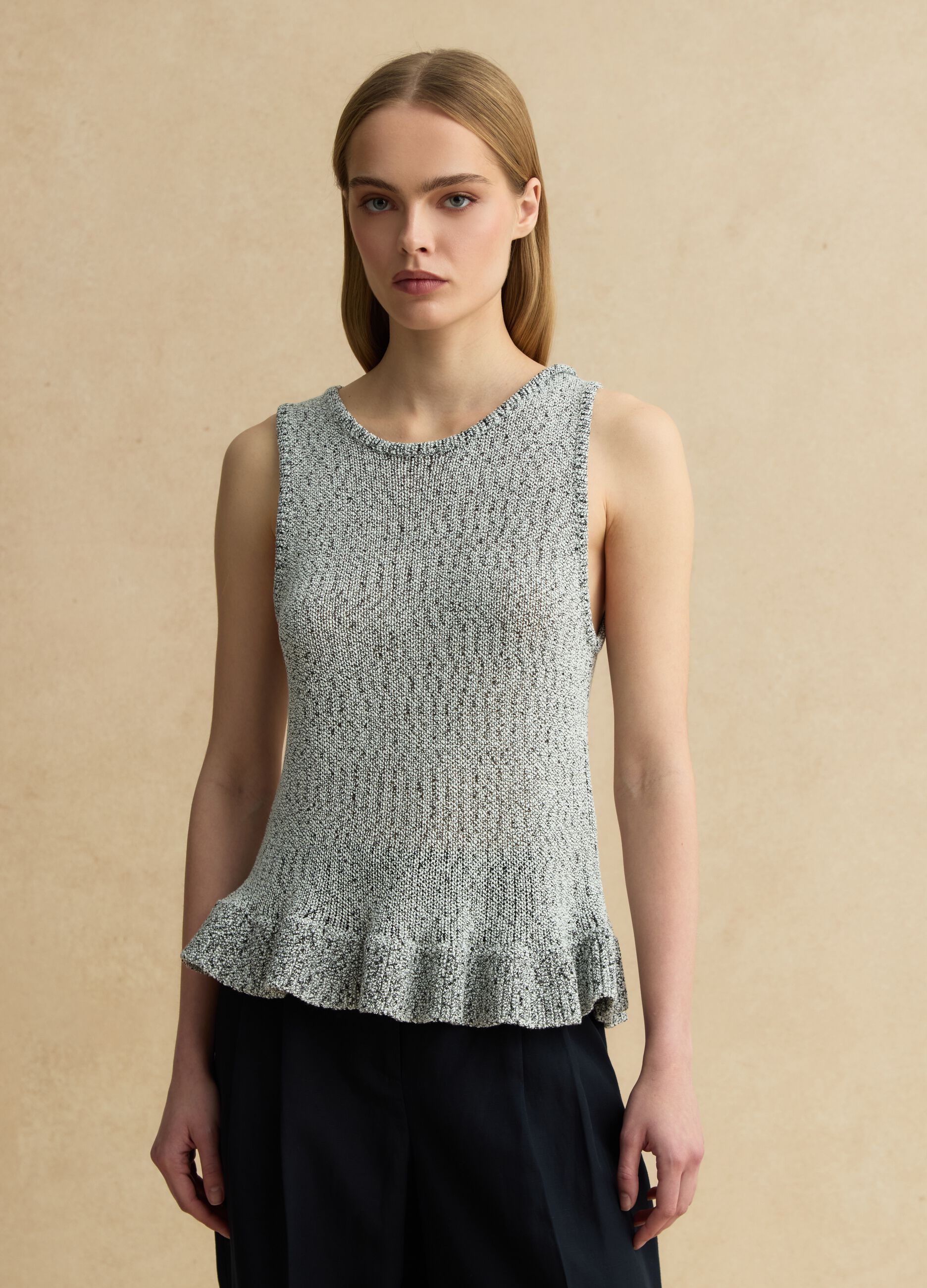 Black and White Regular Fit Knit Top with Frill