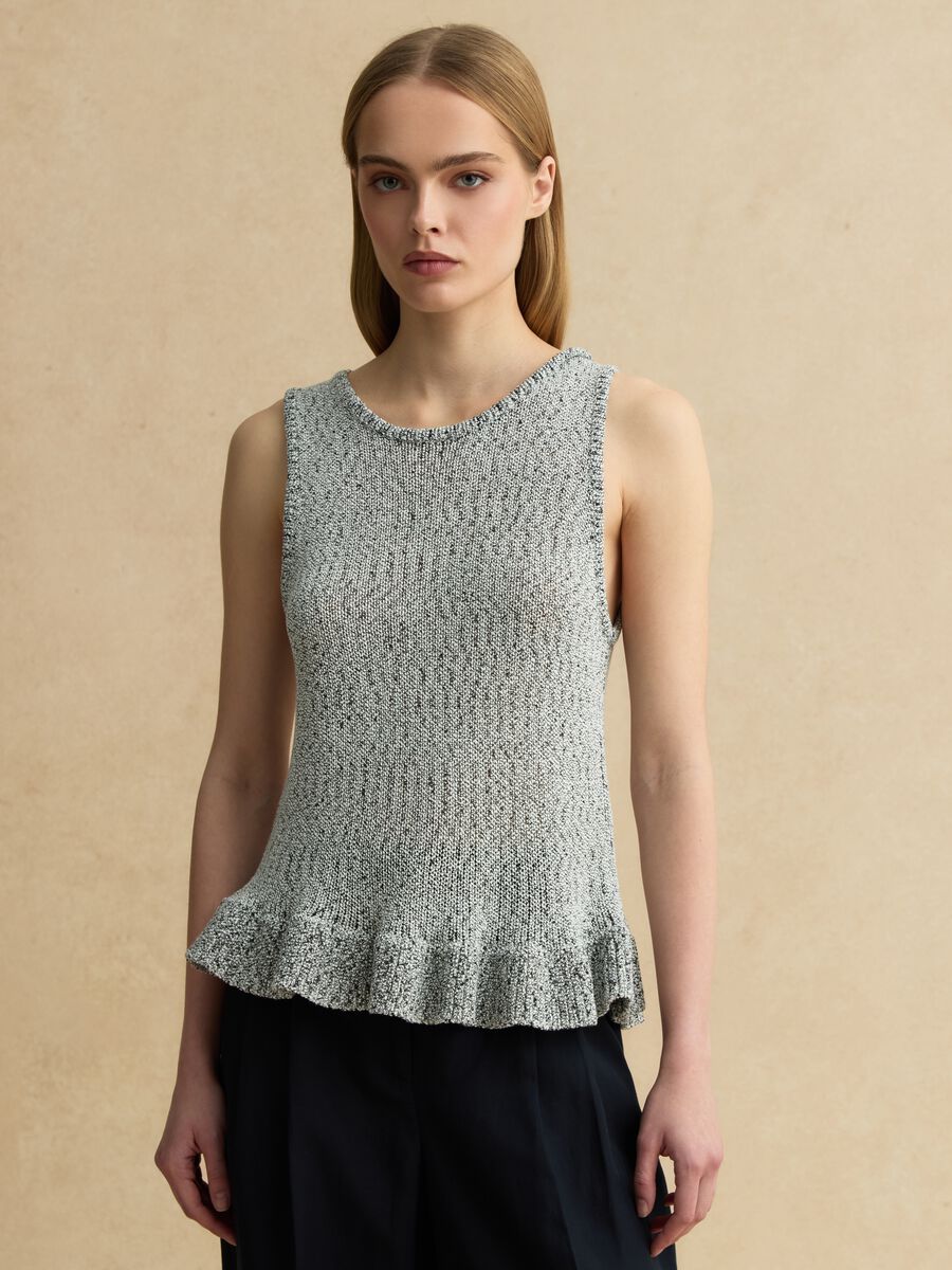 Black and White Regular Fit Knit Top with Frill_2