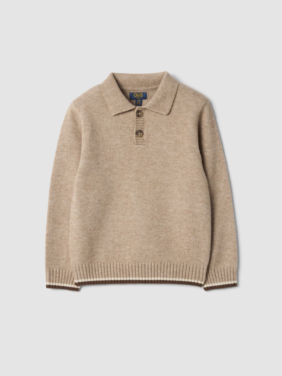 Beige regular-fit polo-collar jumper with ribbed trims_0