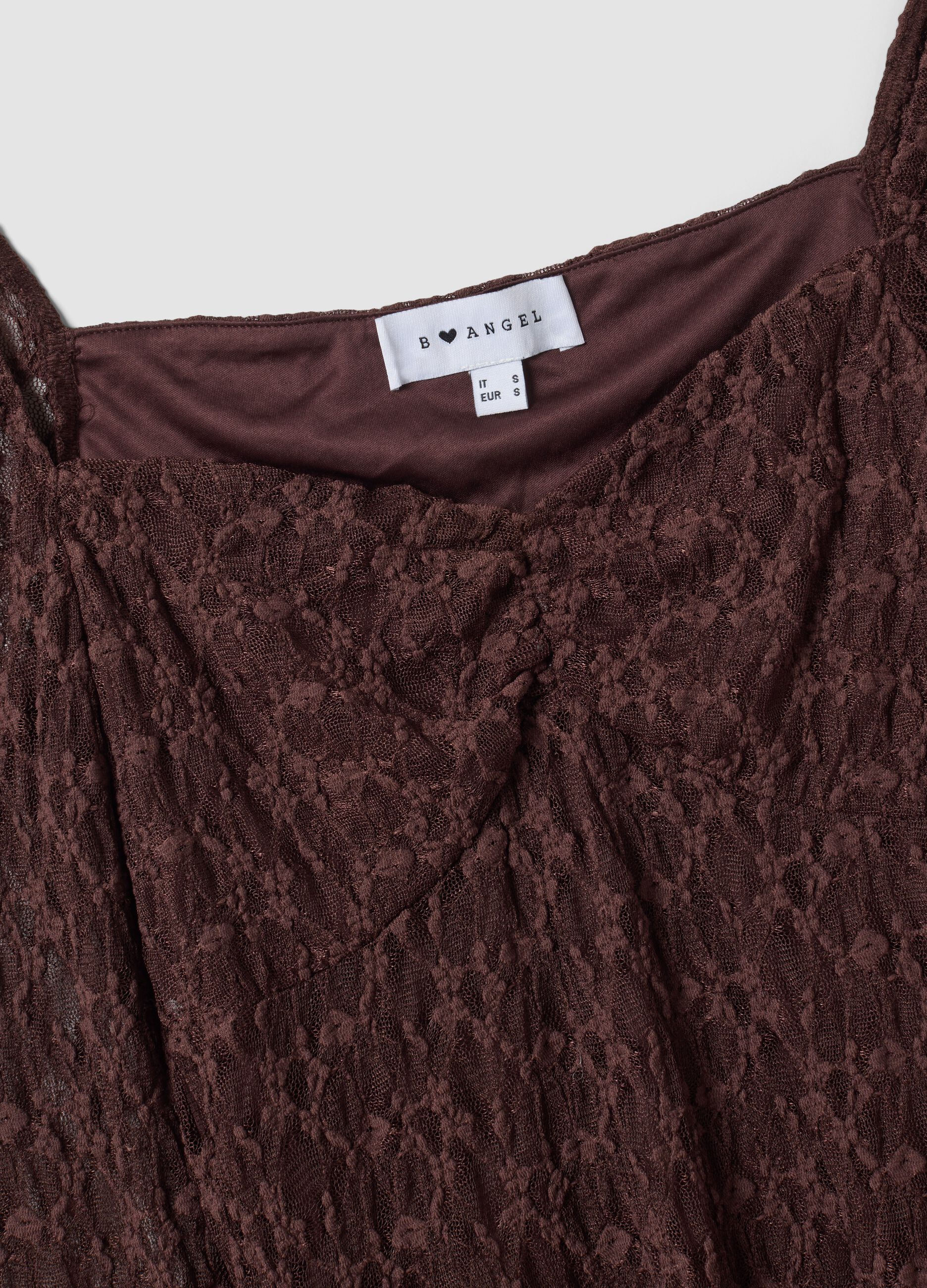 Brown stretch-fabric dress with deep V-neck, regular fit