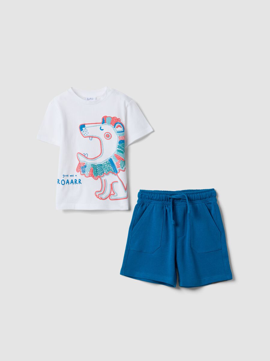 White and blue pure cotton t-shirt and shorts set for boys, regular fit_0