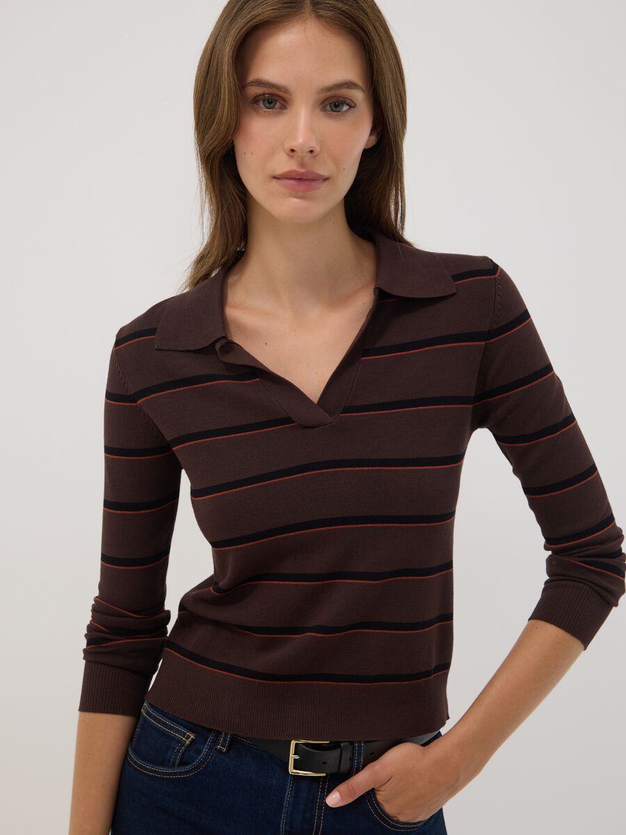 Brown viscose-blend polo-collar jumper, regular fit_1
