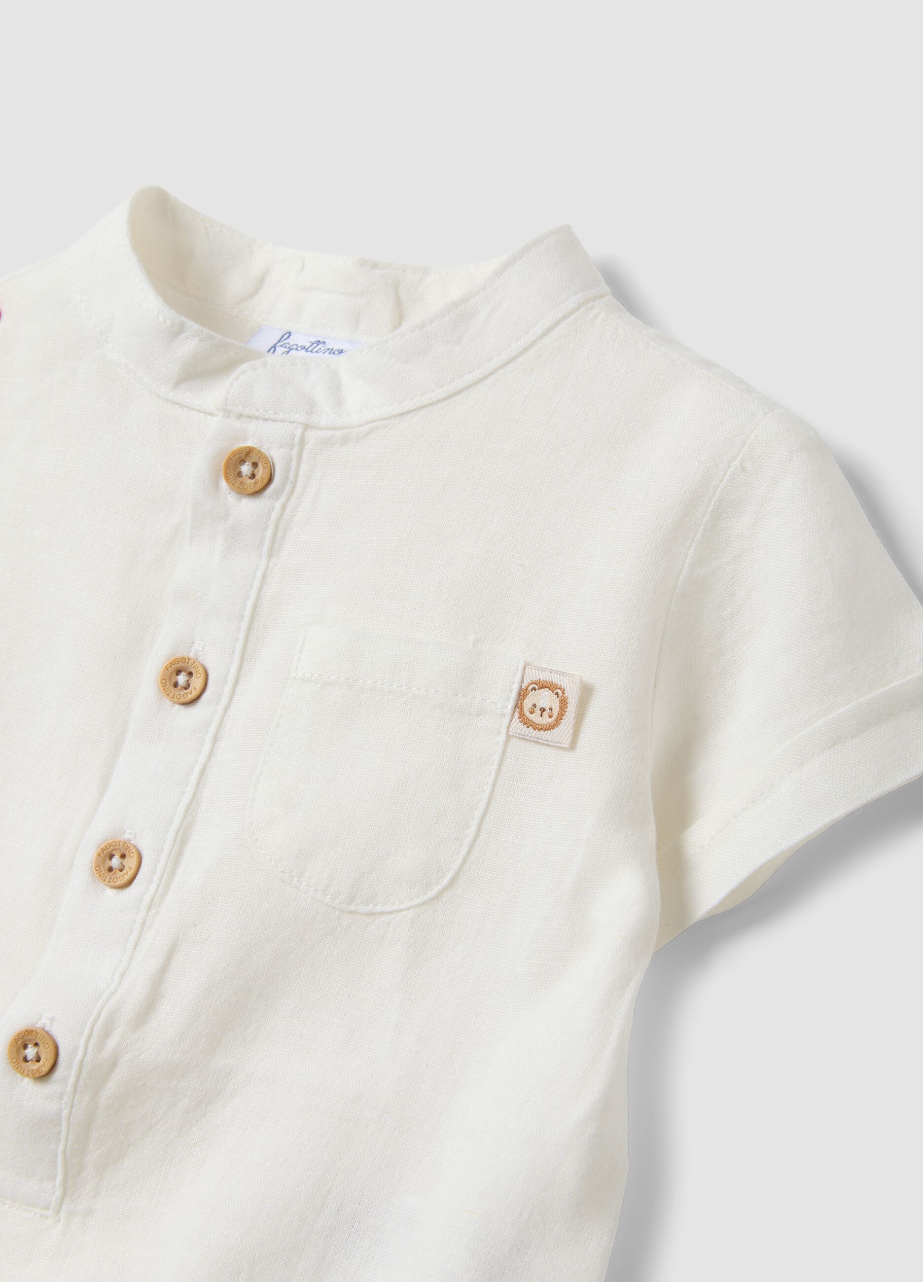White linen and viscose blend baby bodysuit with mandarin collar