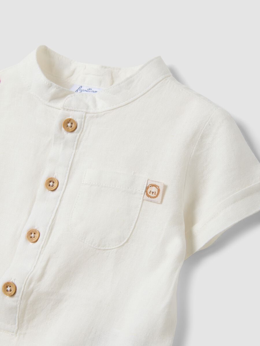 White linen and viscose blend baby bodysuit with mandarin collar_2