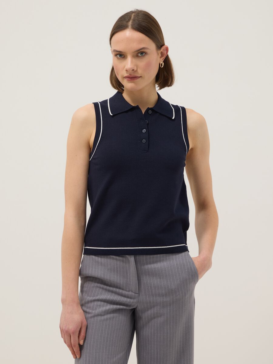 Sleeveless blue viscose blend slim fit polo with buttons_1