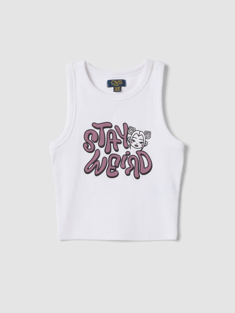 White stretch cotton fitted printed tank top for girls_3