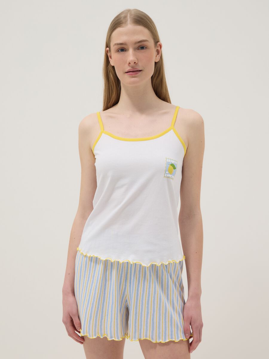 Multicolour pure cotton short pyjamas, regular fit, with gathered trims_1