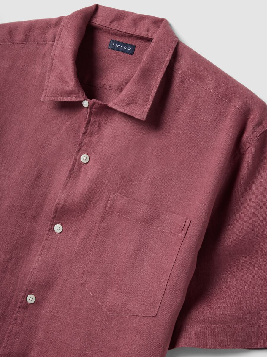 Regular fit pink short sleeve pure linen shirt with pocket_1