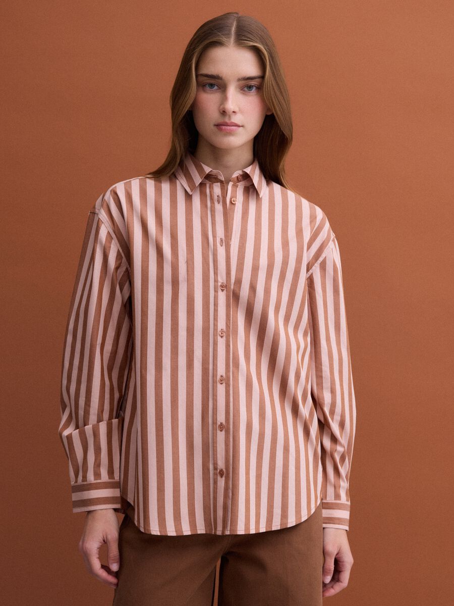Brown striped pure cotton poplin shirt, regular fit_1