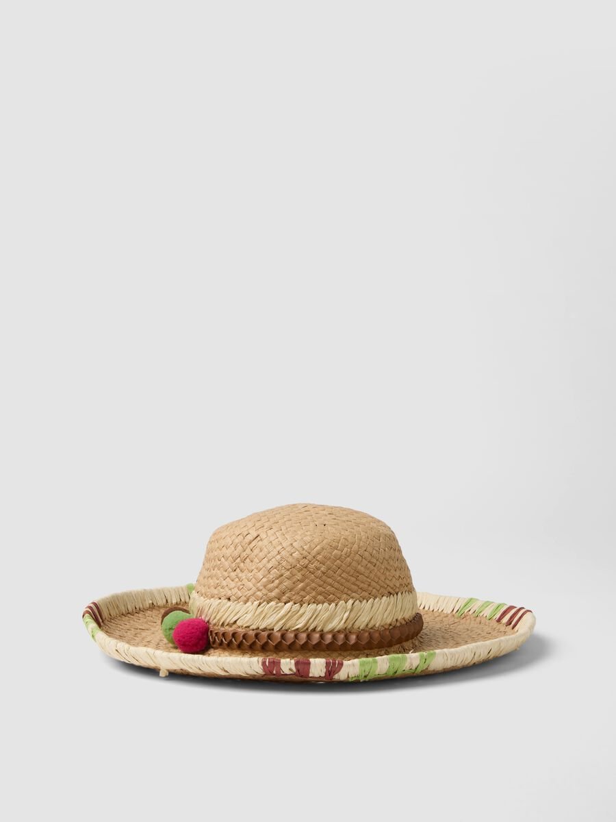Beige paper-fabric hat with colourful pom-poms_0