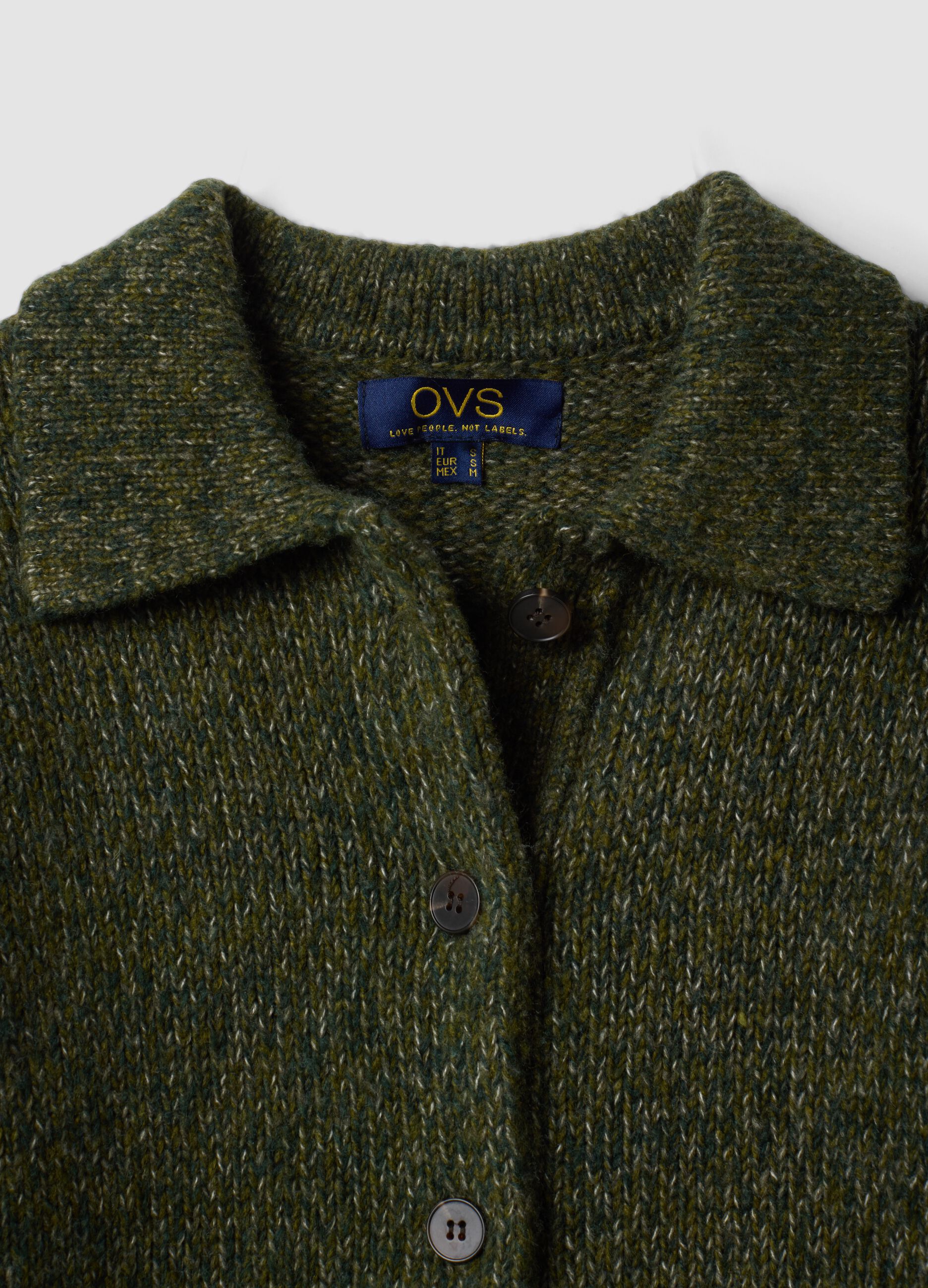 Cardigan verde in misto lana con colletto polo