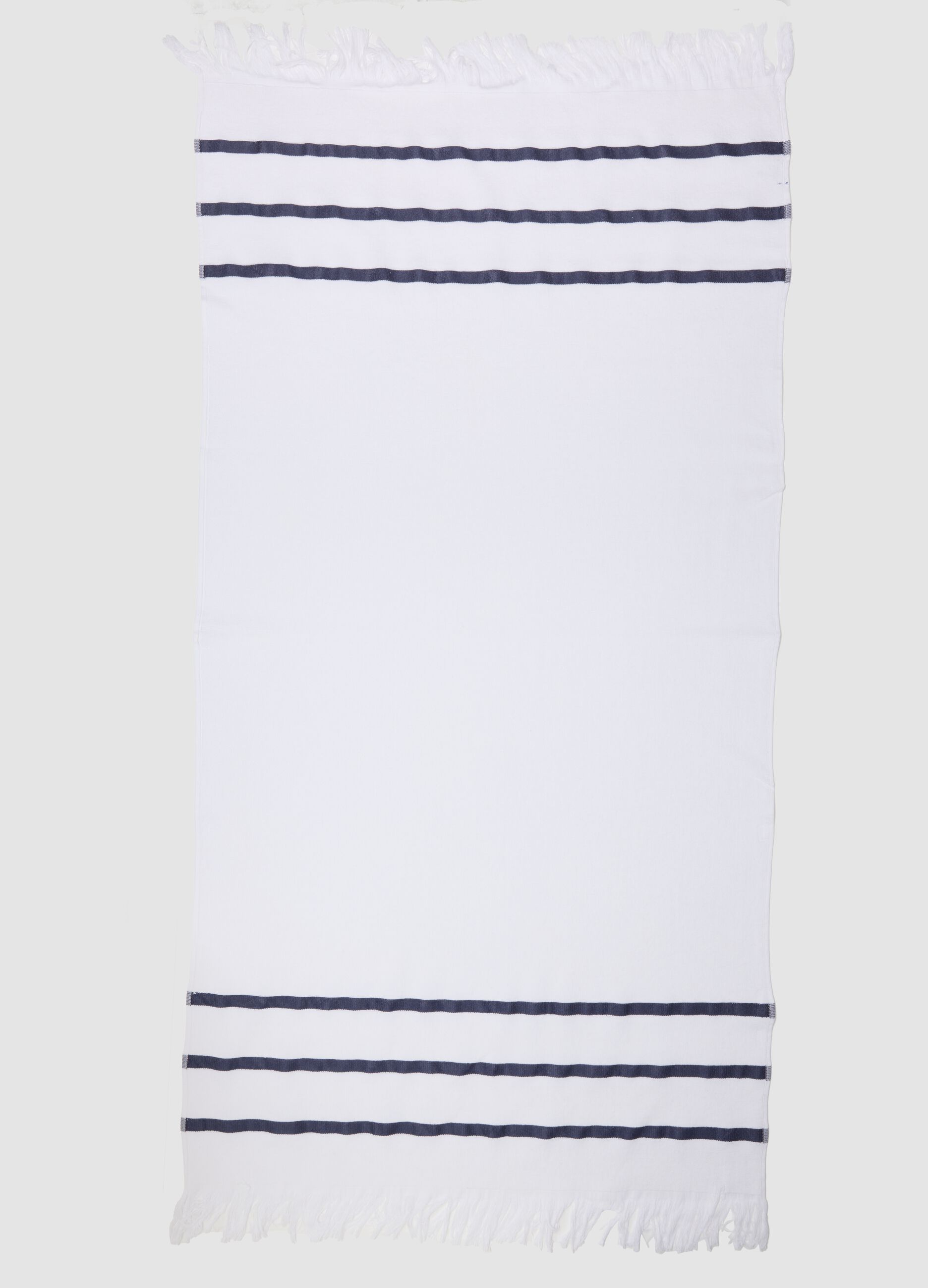 White cotton-blend beach towel with blue stripes