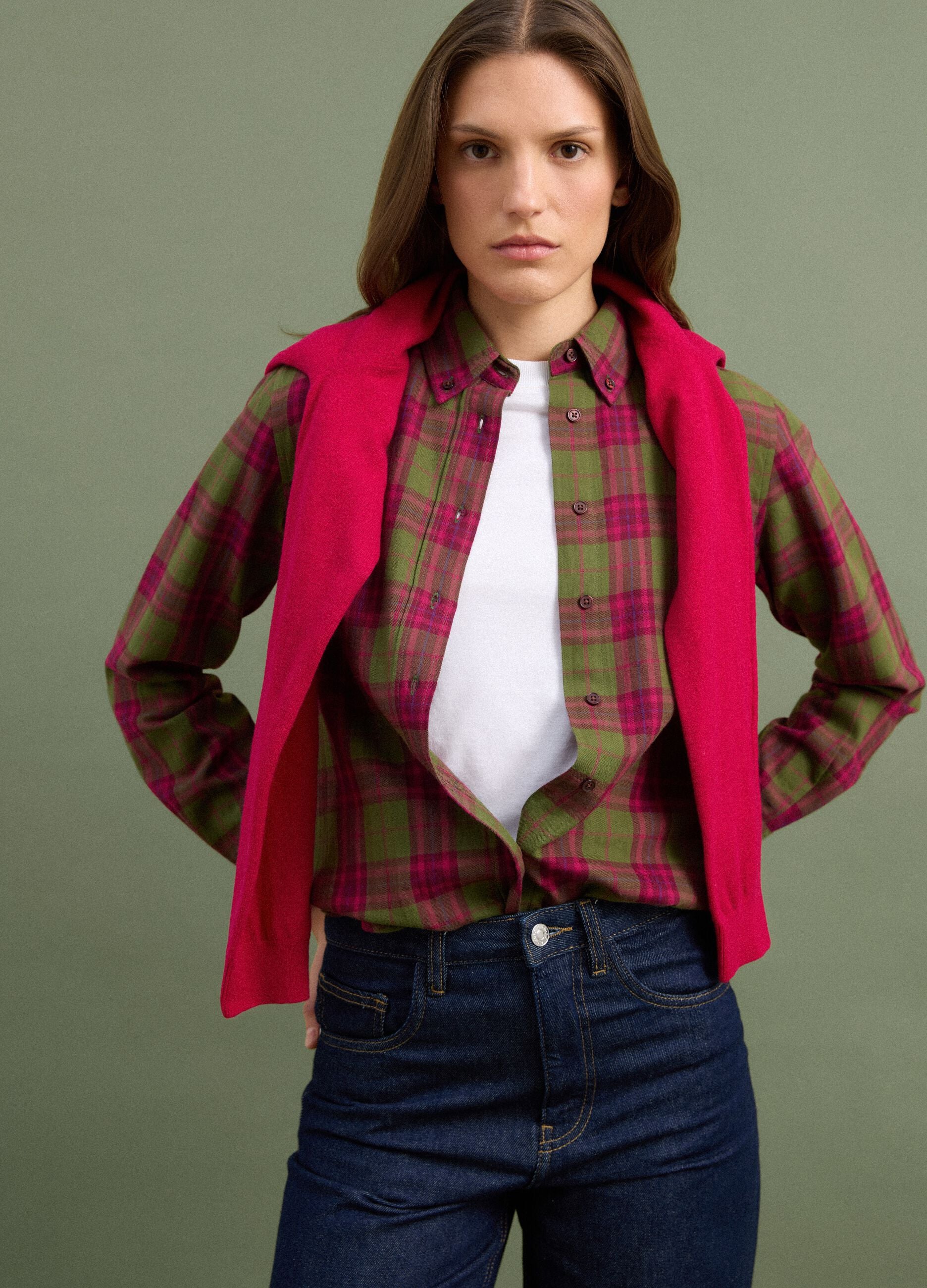 Camicia verde a quadri in flanella di puro cotone regular fit