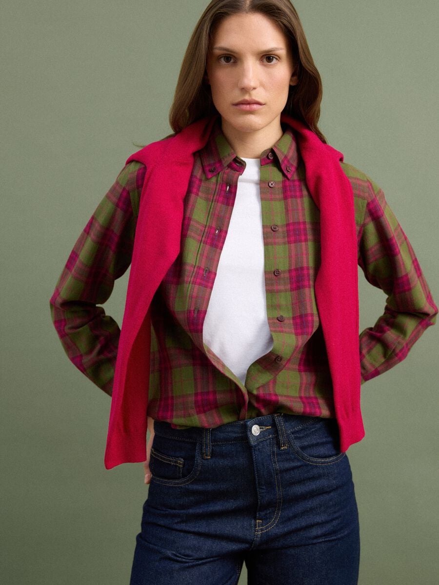 Camicia verde a quadri in flanella di puro cotone regular fit_0