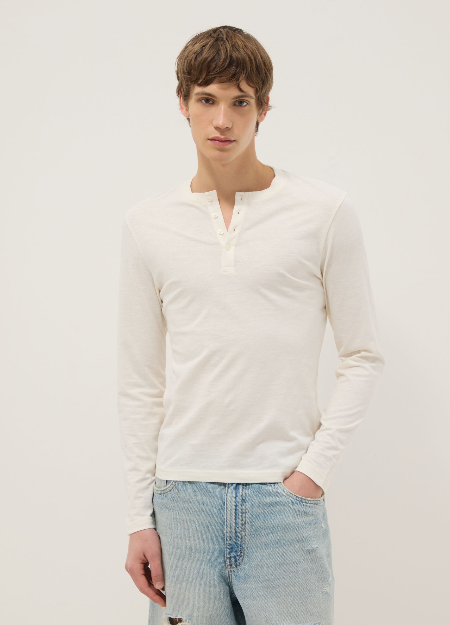 Beige pure cotton regular fit sweater with buttons