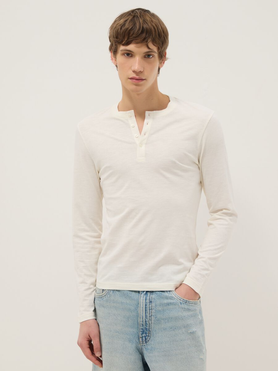 Beige pure cotton regular fit sweater with buttons_0