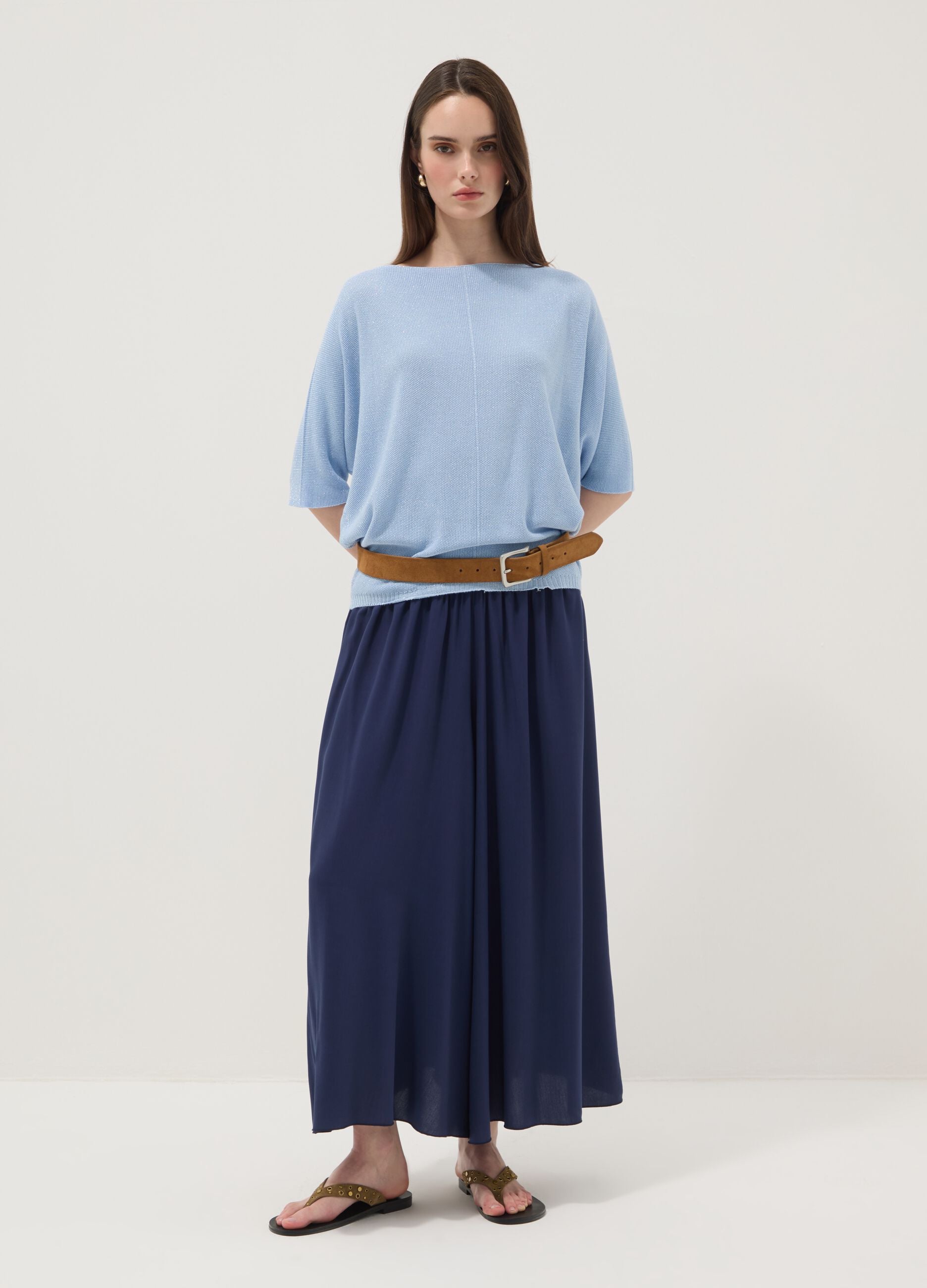 Weite blaue Hose aus reiner Viskose mit elastischem Bund, Regular Fit