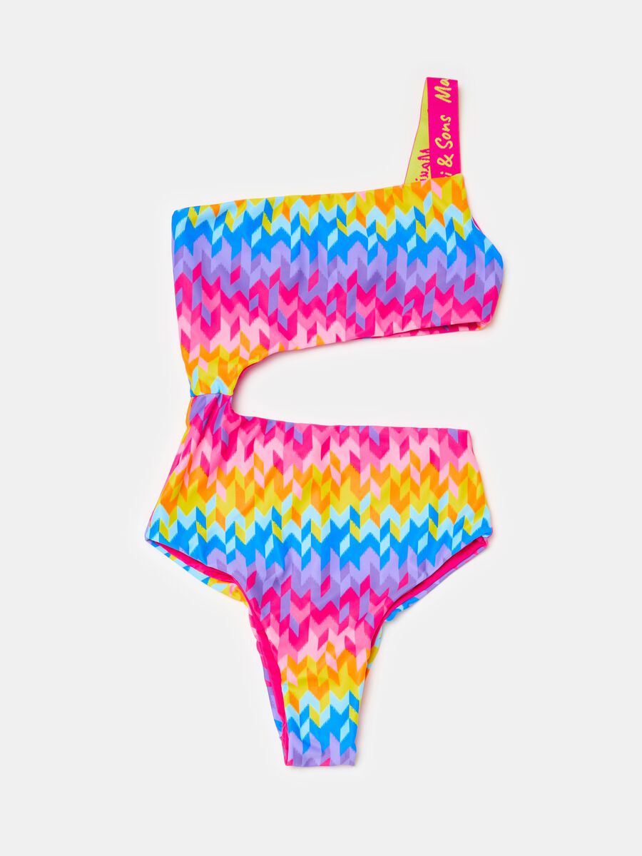 One-piece swimsuit with single shoulder strap and optical print_0