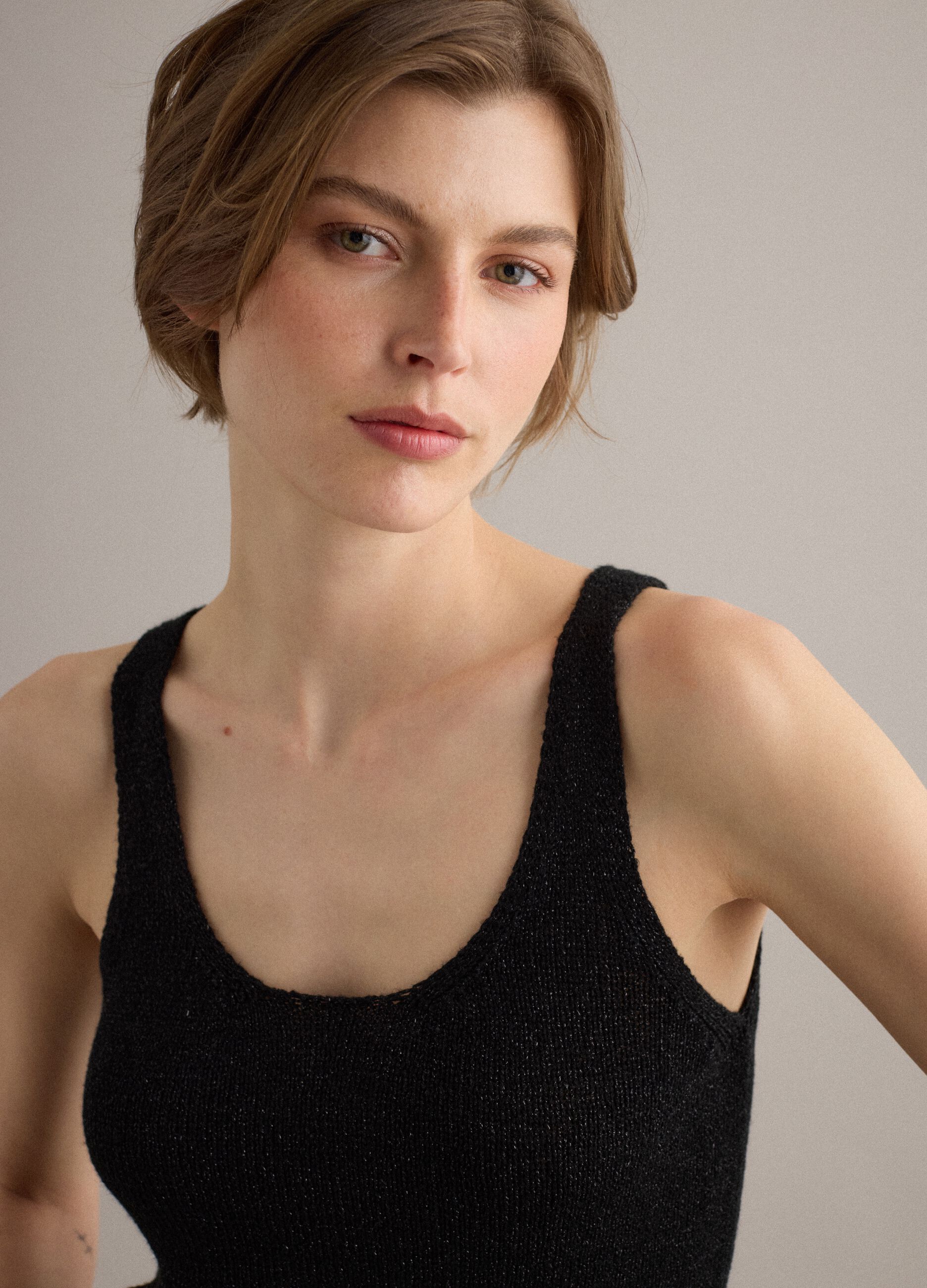 Black viscose-blend glitter tank top, regular fit