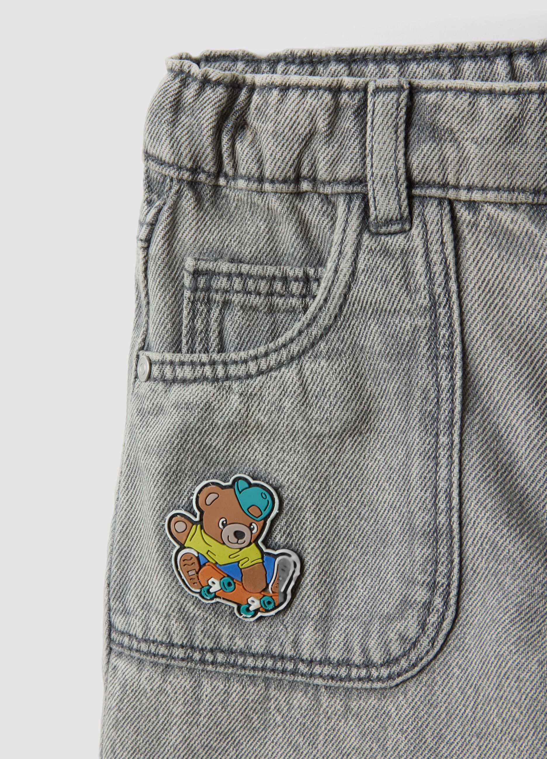 Grey baggy-fit pure cotton jeans with prints for baby boy
