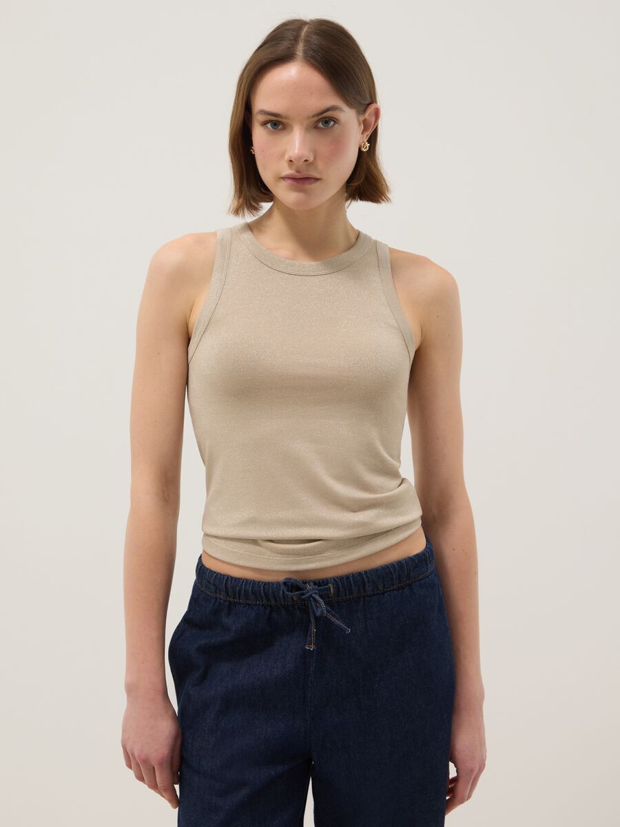 Beiger Glitzer-Top mit d&uuml;nnen Tr&auml;gern, regul&auml;re Passform_0