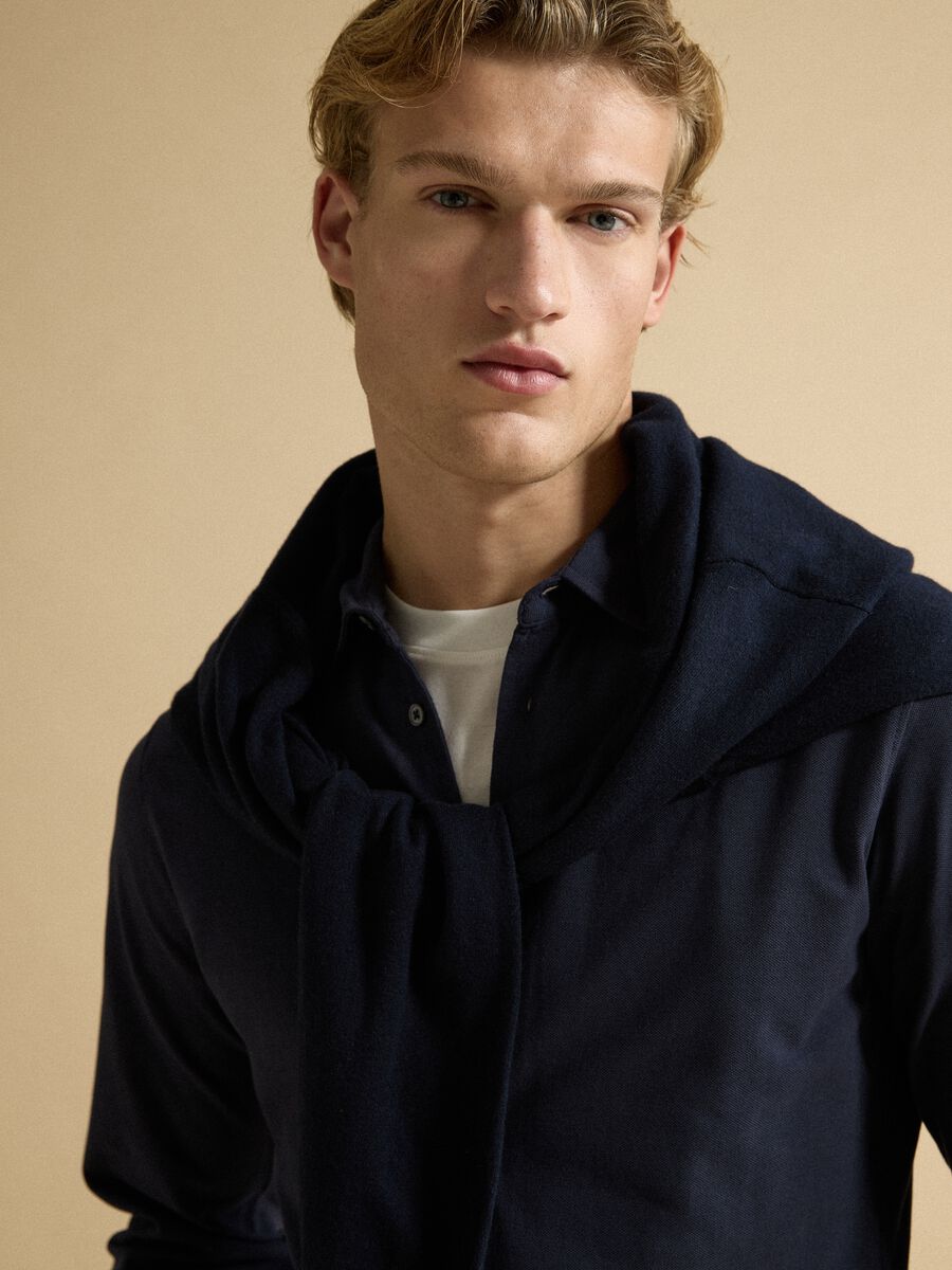 Blue long-sleeve pure cotton piqu&eacute; polo shirt, regular fit_0