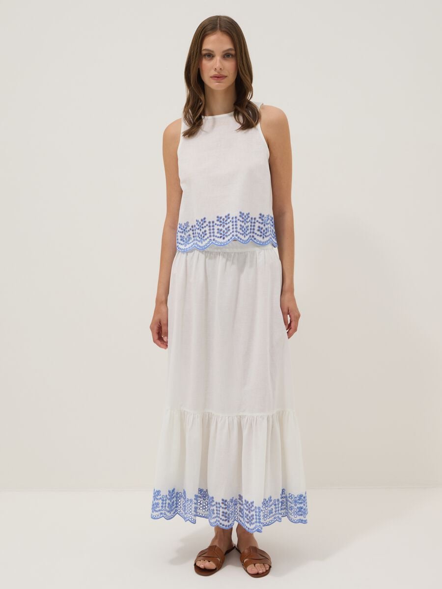 White cotton and linen blend top with embroidery_0
