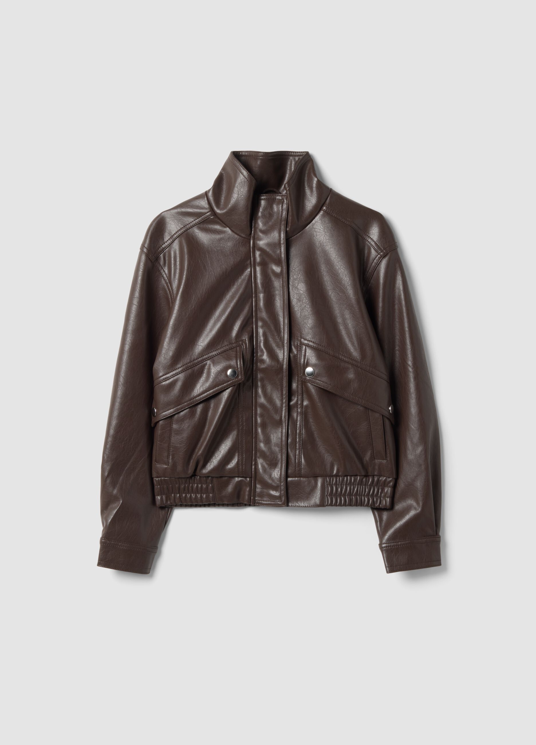 Girls&rsquo; brown jacket with zip and high neck, oversized fit