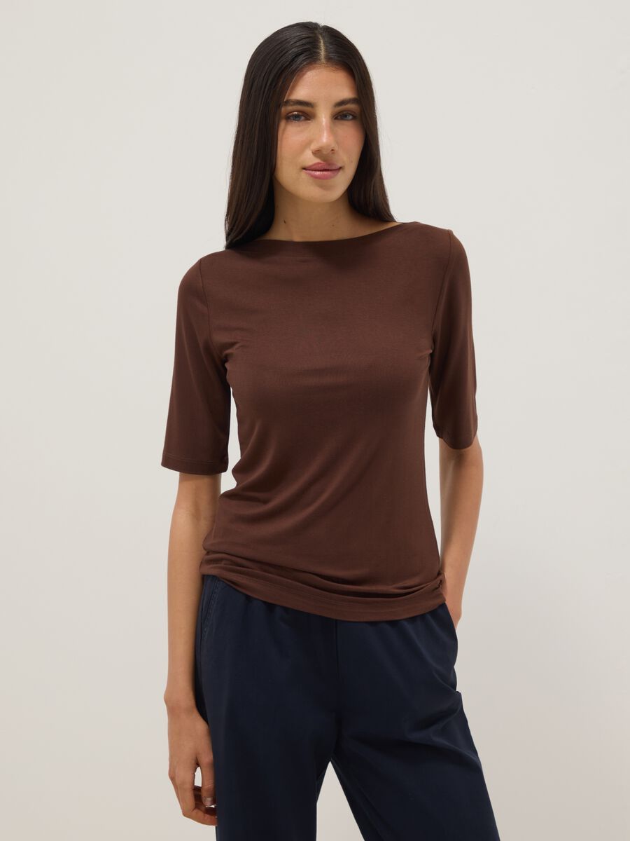Brown stretch viscose t-shirt regular fit with boat neckline_1