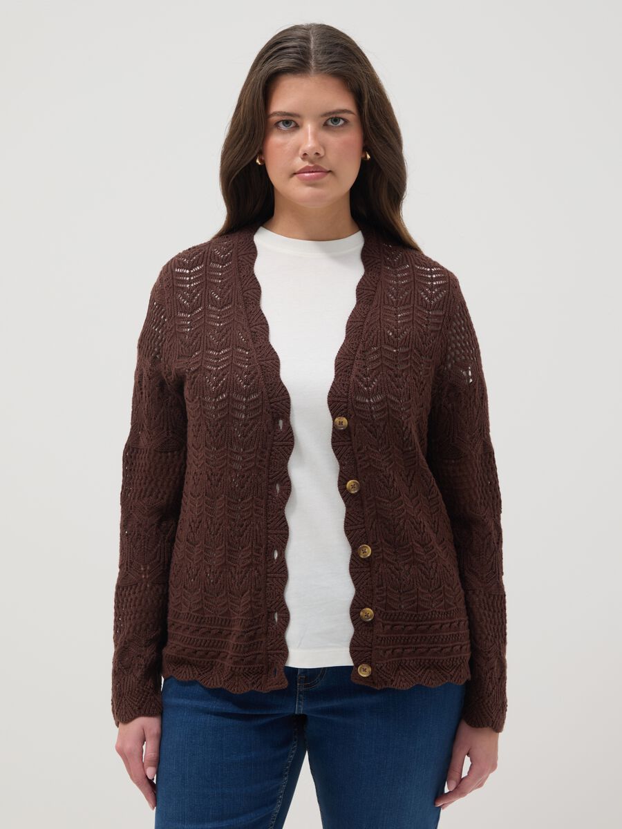 Brown pure cotton cardigan regular fit with lace pattern_1